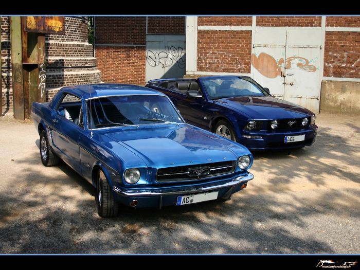 1965 Ford Mustang coupe + 2006 Ford Mustang GT convertible
Klicke auf das Bild, um es in Wallpapergrösse runterzuladen.

Foto: Jen
